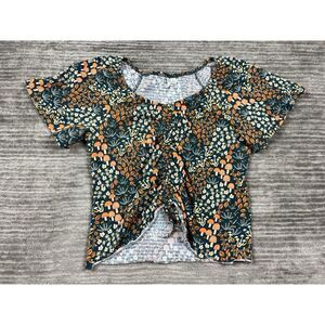 Cato Top Womens Medium‎ Green Mushrooms Floral Short Sleeve Ruched